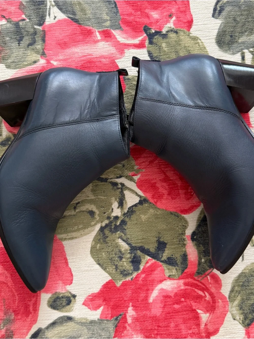 Ecco Navy Blue Pointed Leather Ankle Booties with Side Zipper